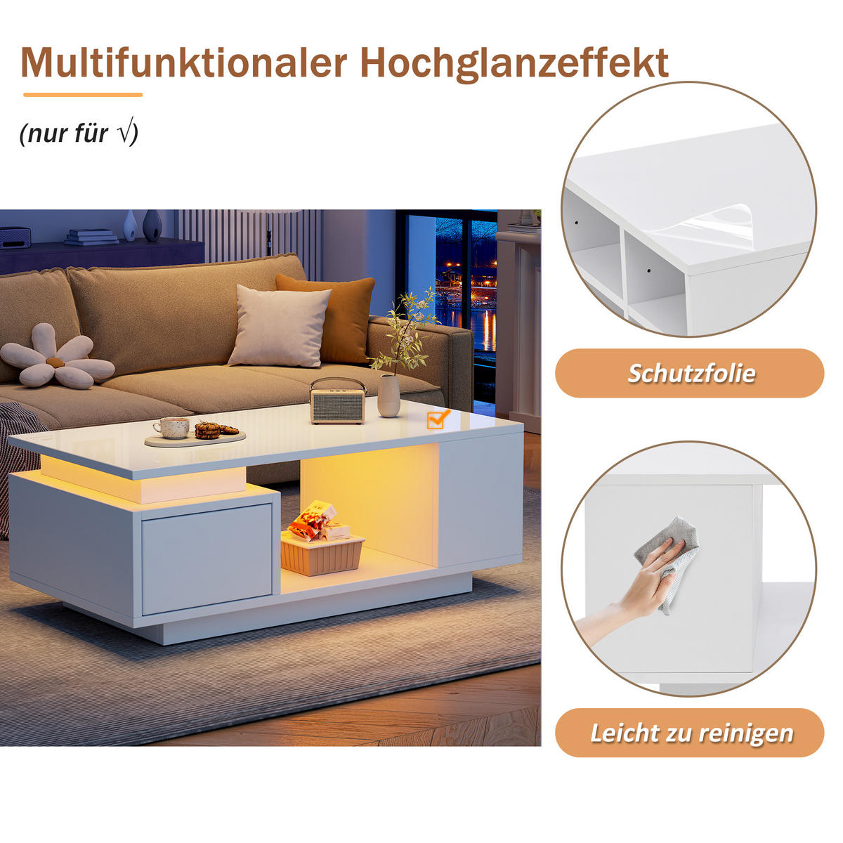 COUCHTISCH 100/50/36 cm Weiß mit LED-Beleuchtung und Schublade aus Spanplatte Hochglanz - Weiß, Holzwerkstoff (100/50/36cm) - OKWISH