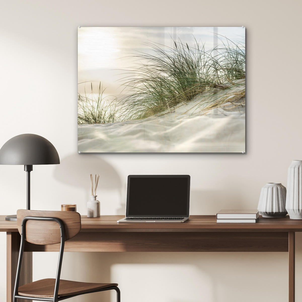 OBRAZ NA AKRYLOVOM SKLE Duny s marramovou trávou pod slnkom nemeckého národného parku Schleswig-Holsteinisches Wattenmeer 80x60 cm - krémová, sklo (80/60cm) - MuchoWow