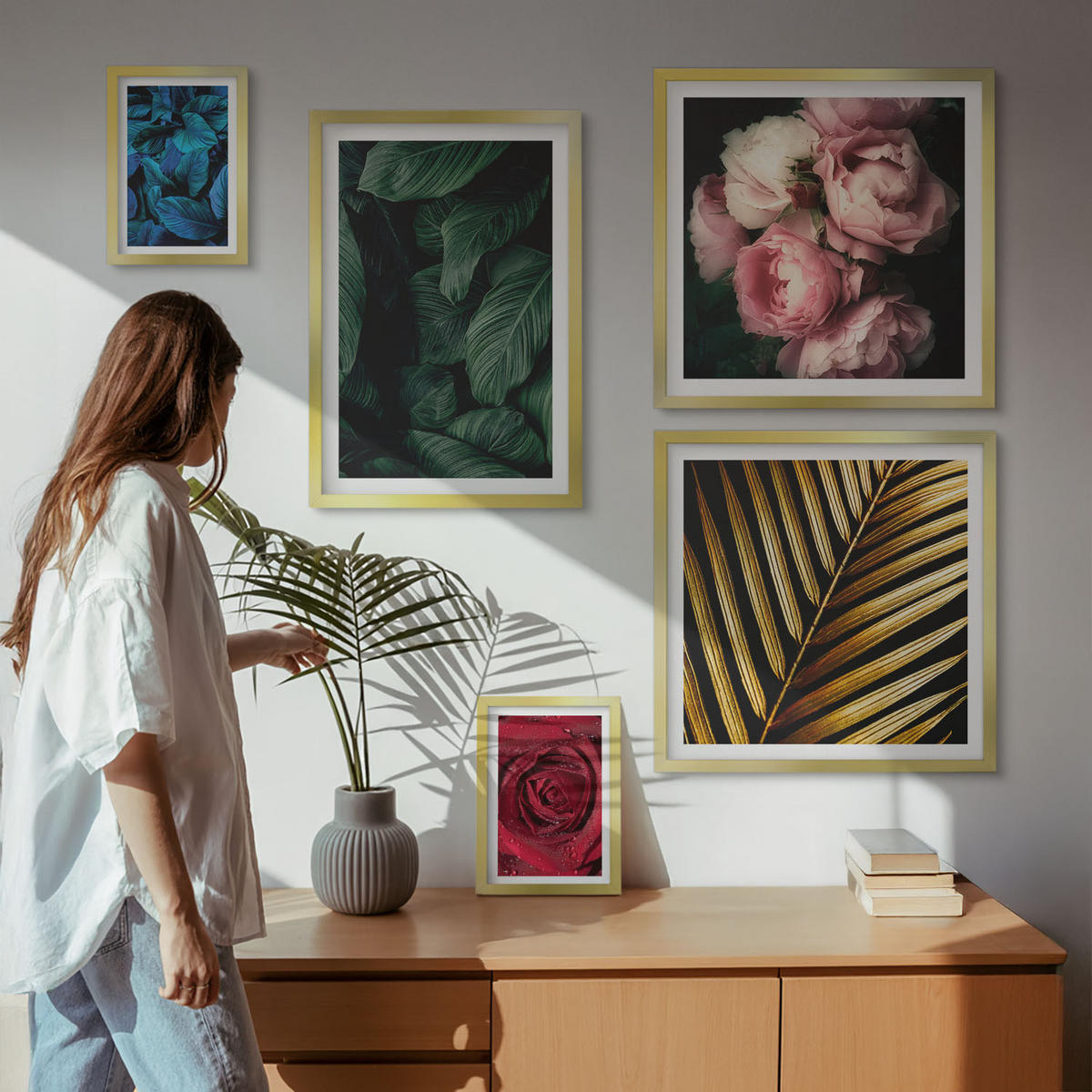 BILDER SET 5er Set - 50x50 cm & 20x30 cm & 40x60 cm Goldrahmen - Abstrakte schwarze Muster - Goldfarben, Kunststoff (40/60cm) - TULUP
