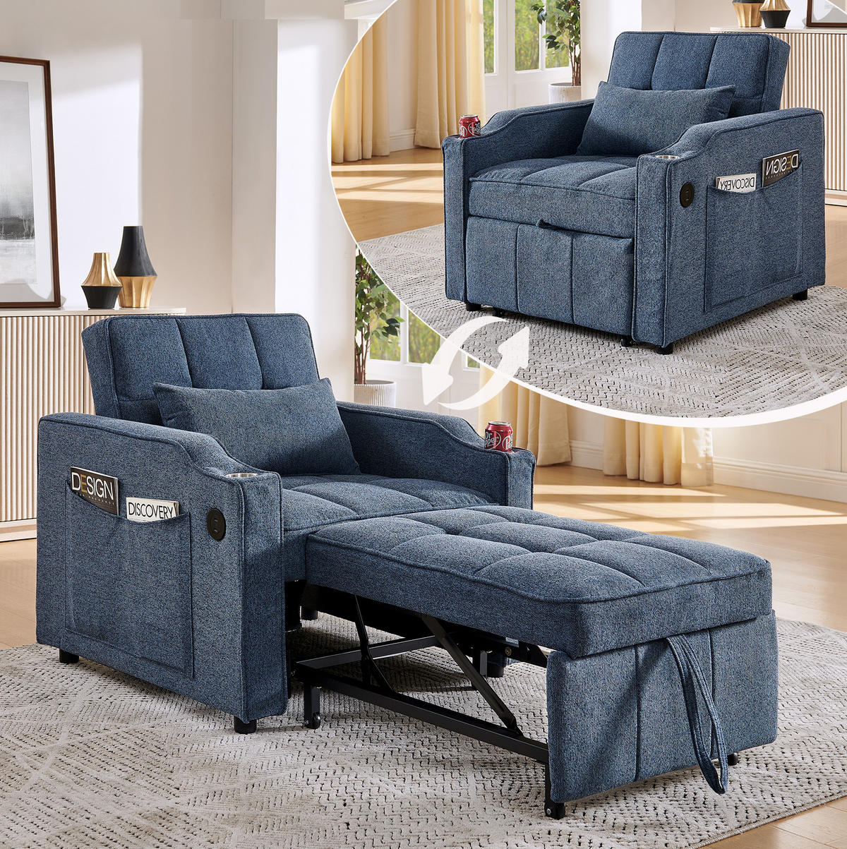 SCHLAFSESSEL 3-in-1 mit Liegefunktion 190 cm Navy Blue - Blau, Holz (85/86/190cm) - Meubliv