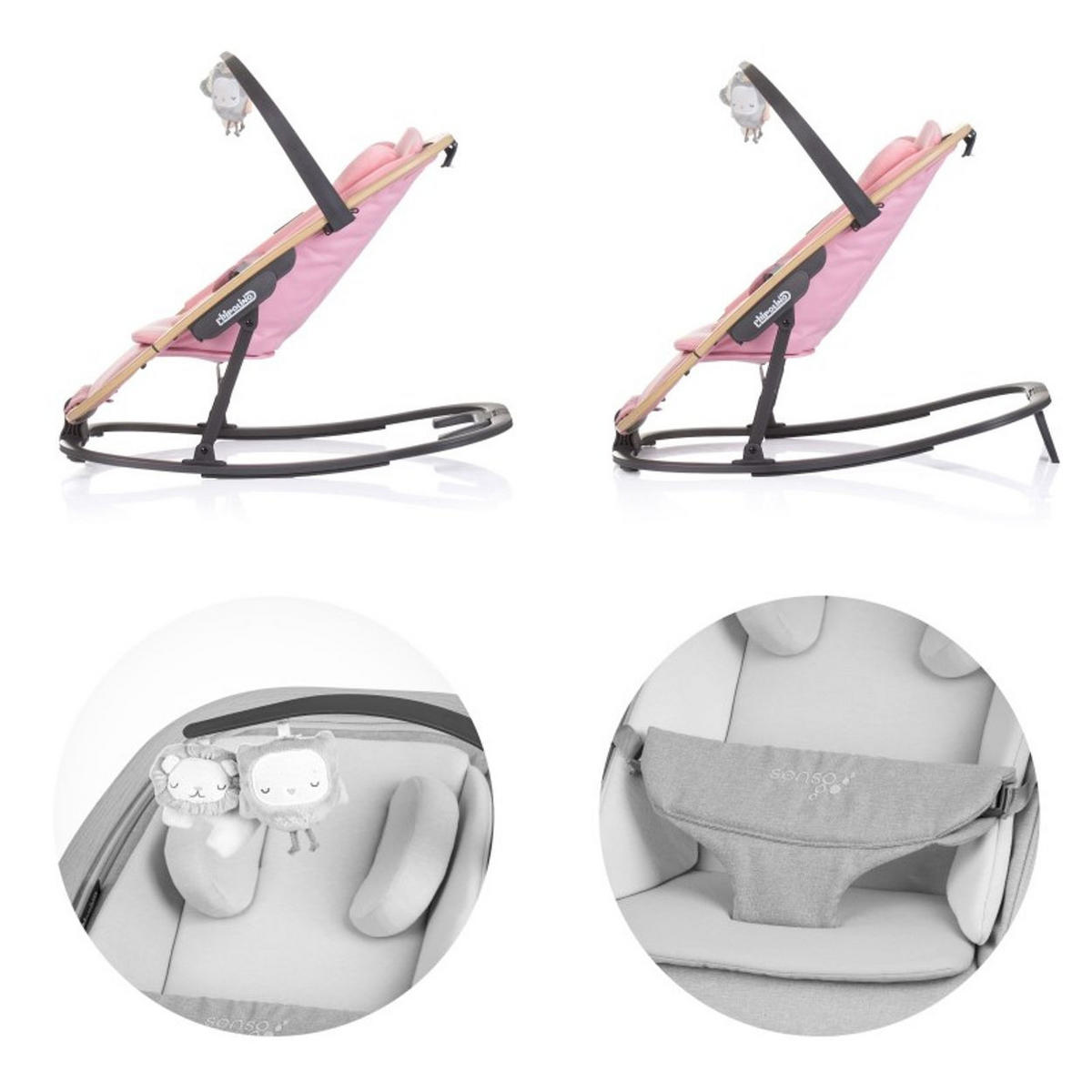 BABYWIPPE Senso rosa Holzoptik, Kopfstütze, 3-Punkt-Gurt, verstellbare Rückenlehne - Rosa, Metall - Chipolino