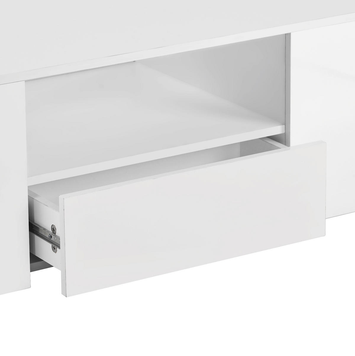 KONFERENČNÍ stolek z dřevotřísky 95x53x37 cm bílý s LED osvětlením, 2 zásuvkami a 2 policemi - bílá, kompozitní dřevo (95/53/37cm) - Modfu