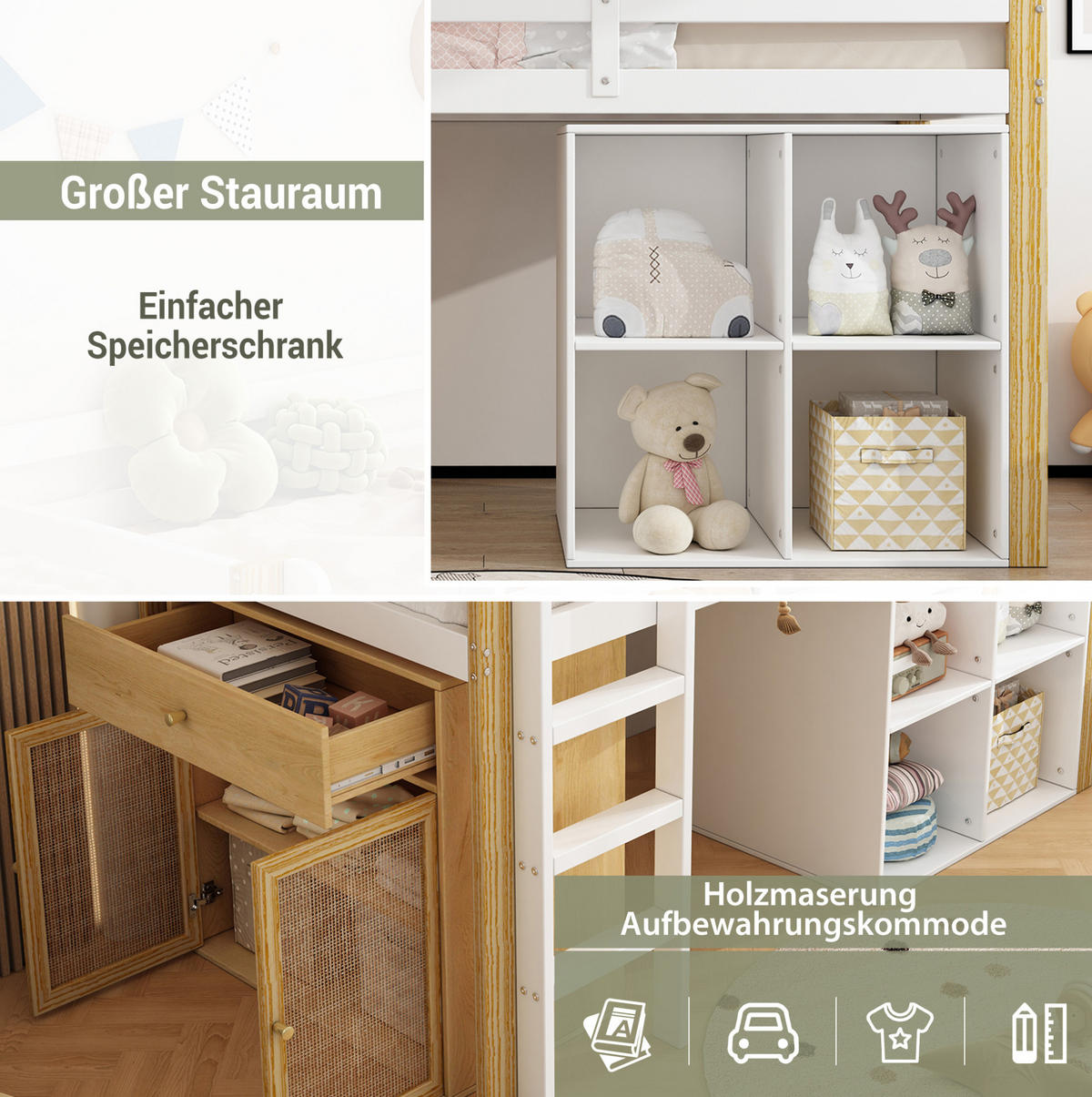 KINDERHOCHBETT mit 2 Aufbewahrungsschränken, 90/200 cm, Natur/Weiß, ohne Matratze - Weiß, Holz (90/200cm) - MIVRAY