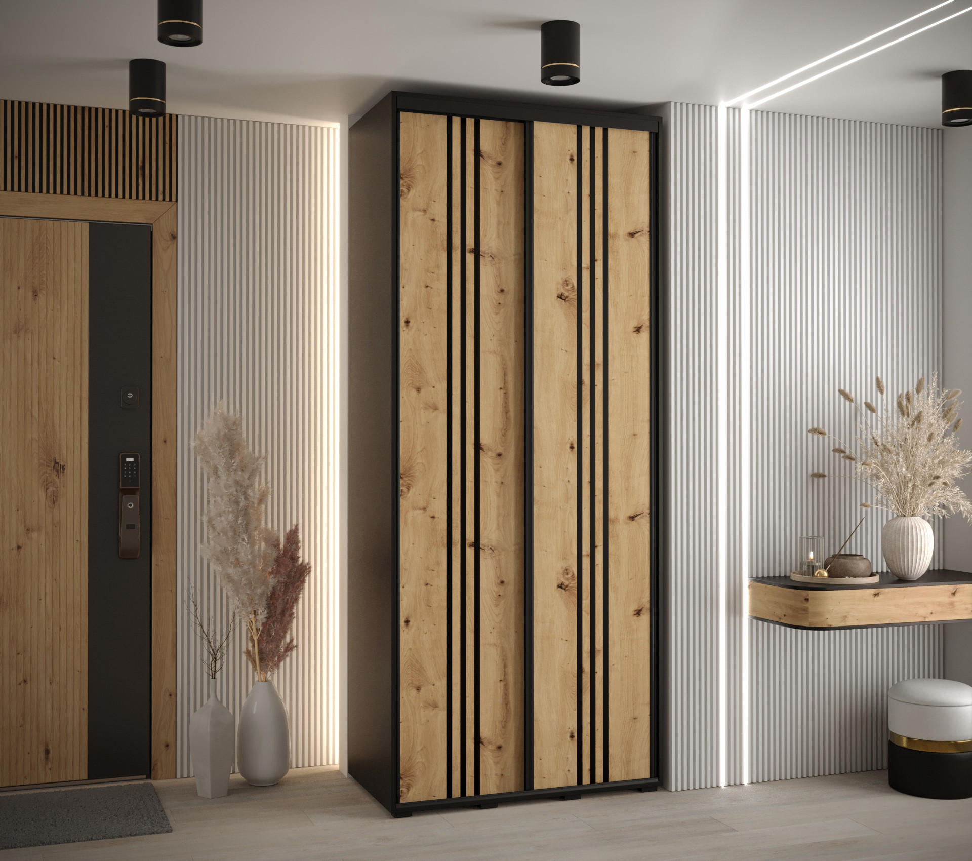 SCHWEBETÜRENSCHRANK 235,2/120/60 2-türig - Schwarz/Eiche Artisan, Holz/Metall (120/235/60cm) - Abiks Möbel