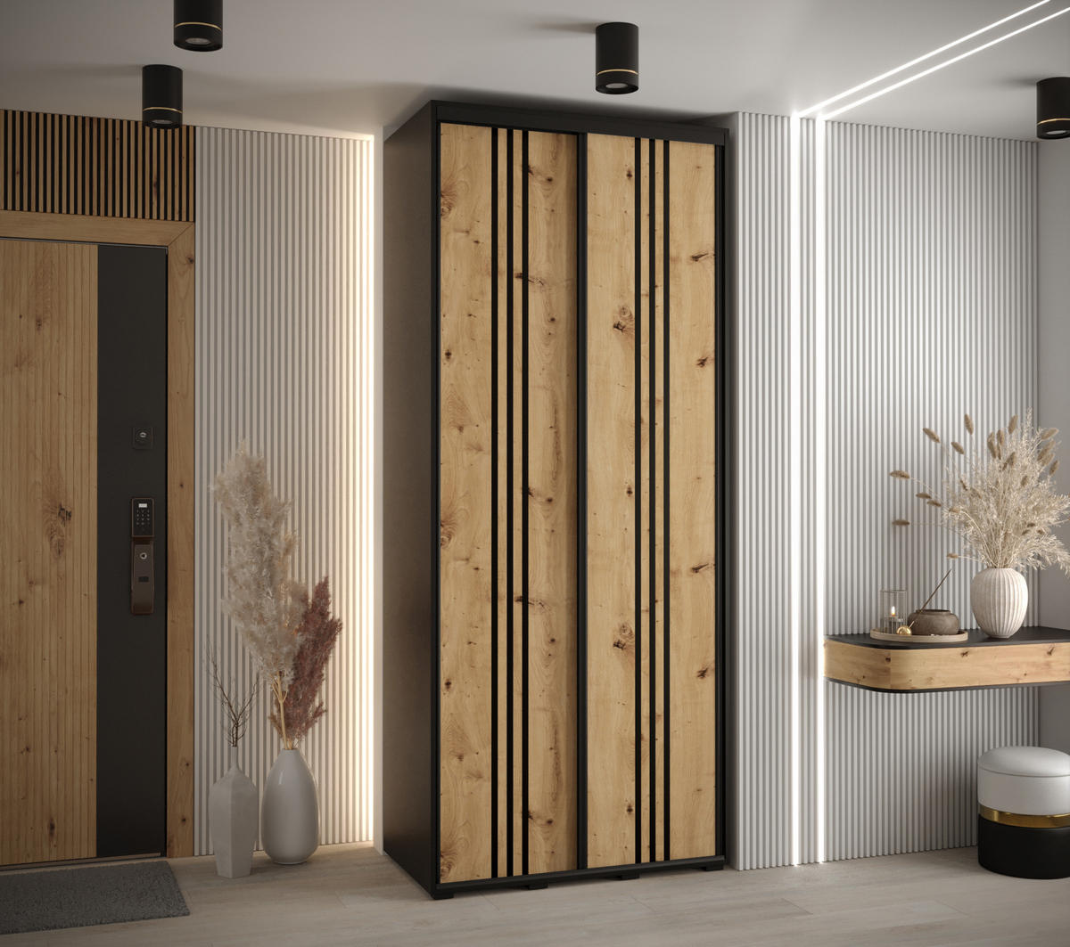 SCHWEBETÜRENSCHRANK 235,2/120/60 2-türig - Schwarz/Eiche Artisan, Holz/Metall (120/235/60cm) - Abiks Möbel