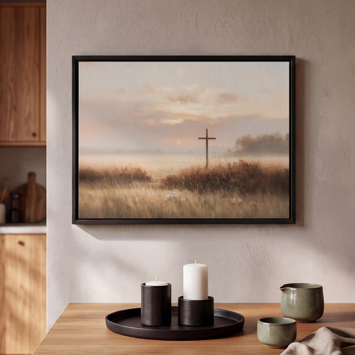 LEINWAND Bilder mit Rahmen - Gras - Morgennebel - Kreuz - Christentum - 40x30 - Beige, Textil (40/30cm) - MuchoWow