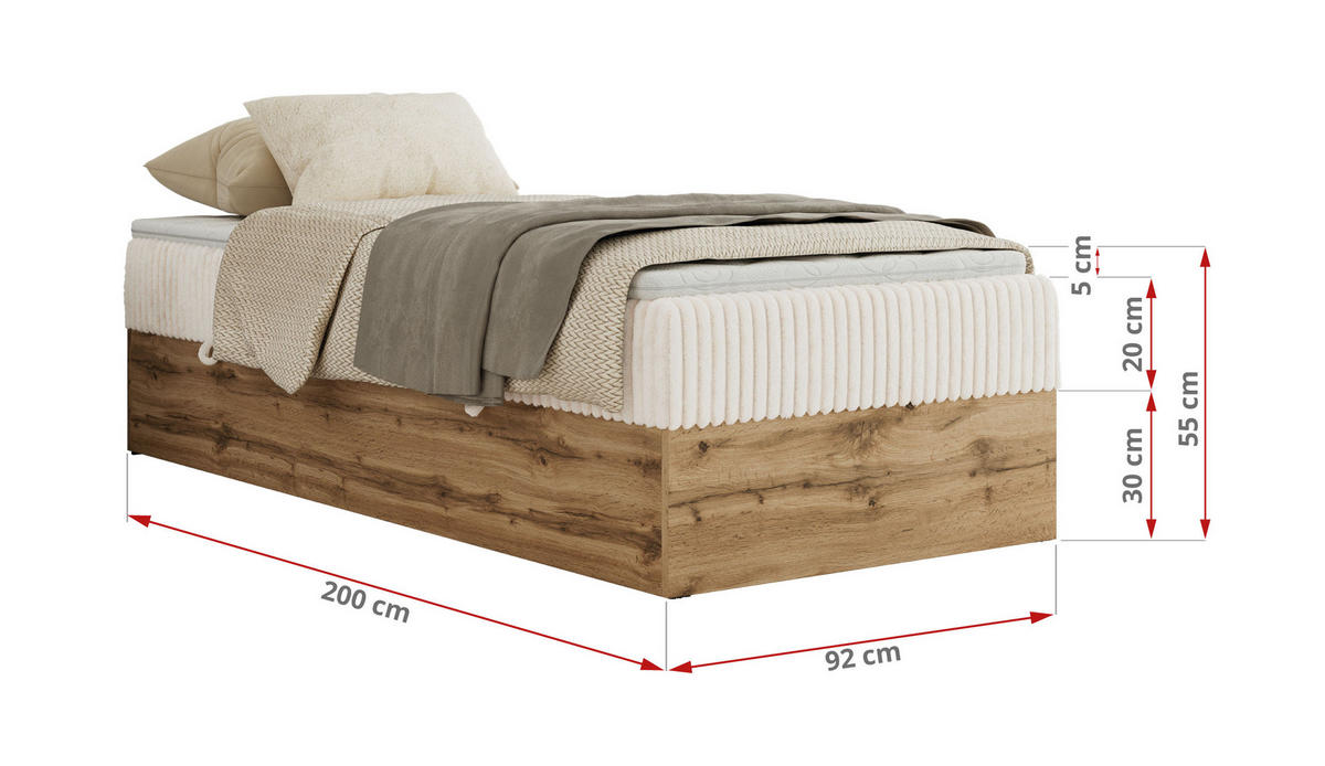 BOXBETT WOOD ZERO 90/200 - Beige Cord - H4 - Topper Visco - Beige, Textil (90/200cm) - MKS