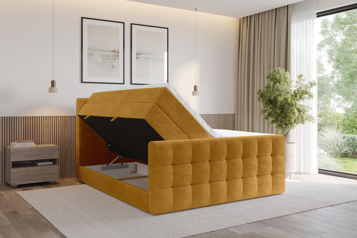 BOXSPRINGOVÁ POSTEL s matrací H3/H4 - IGAN-Z KING - 160x200 cm Hořčicová - kari žlutá, kompozitní dřevo (163/200cm) - ALTDECOR