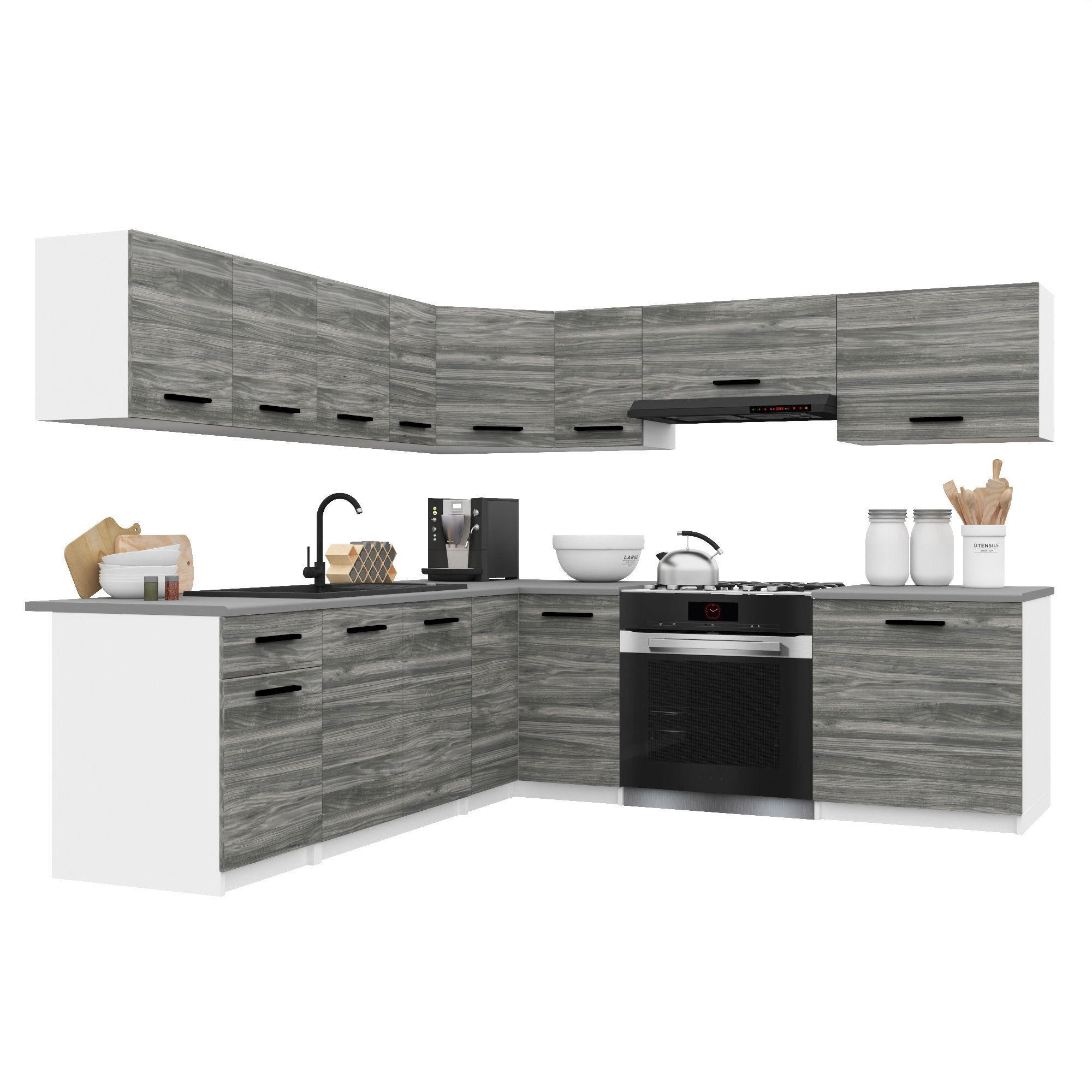 KÜCHENZEILE Italia 7 420 cm , mit Arbeitsplatten, Grau Glamour - Hellgrau, Holz (420/143/60cm) - B BELINI GROUP