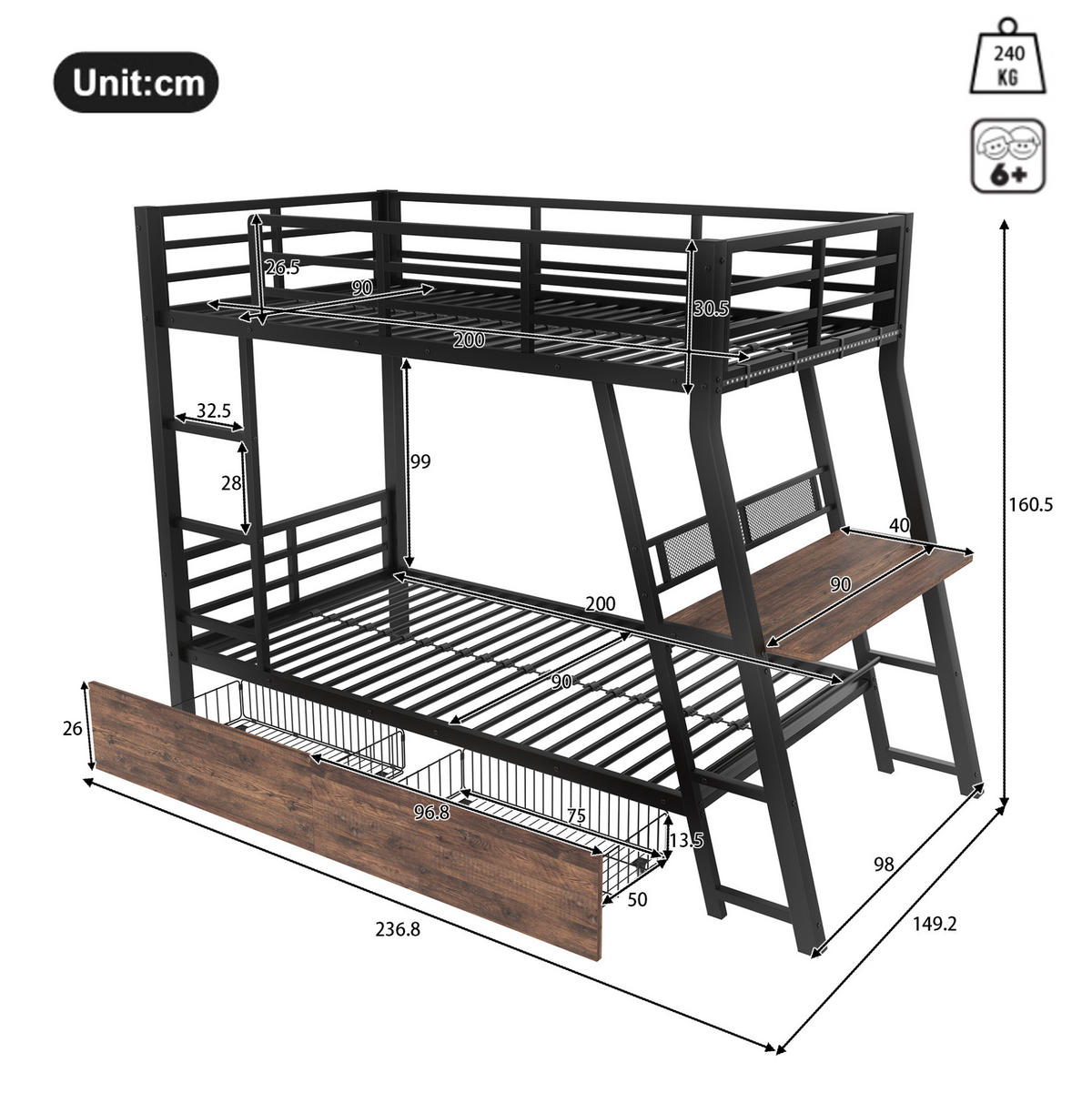 HOCHBETT 90/200 cm aus Metall mit Schreibtisch, 2 Schubladen und LED-Beleuchtung - Schwarz, Metall (90/200cm) - Flora Grace