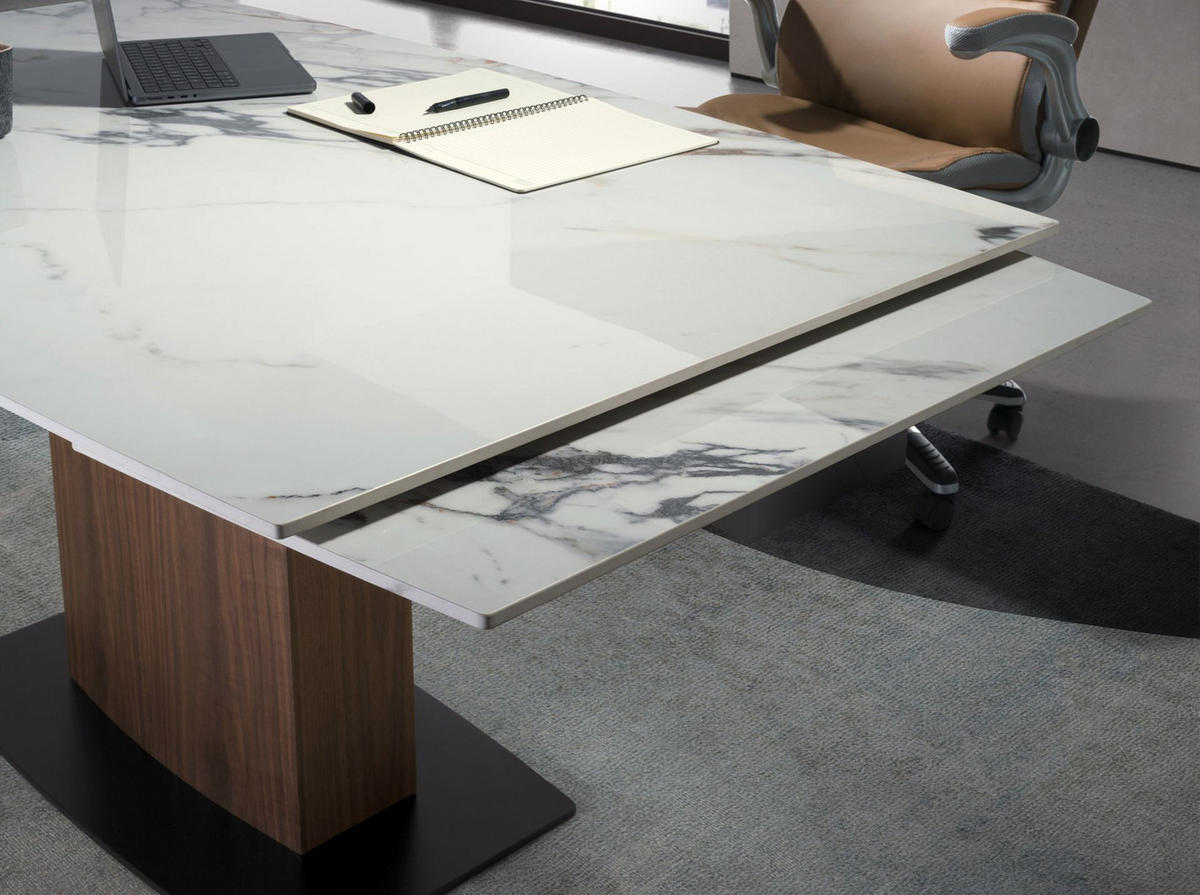 ESSTISCH Ausziehbarer Esstisch ovales Fass porzellanmarmor aus Walnuss Ø160/100/76 cm - Walnussfarben/Schwarz, Stein (100/160/76cm) - ANGEL CERDA