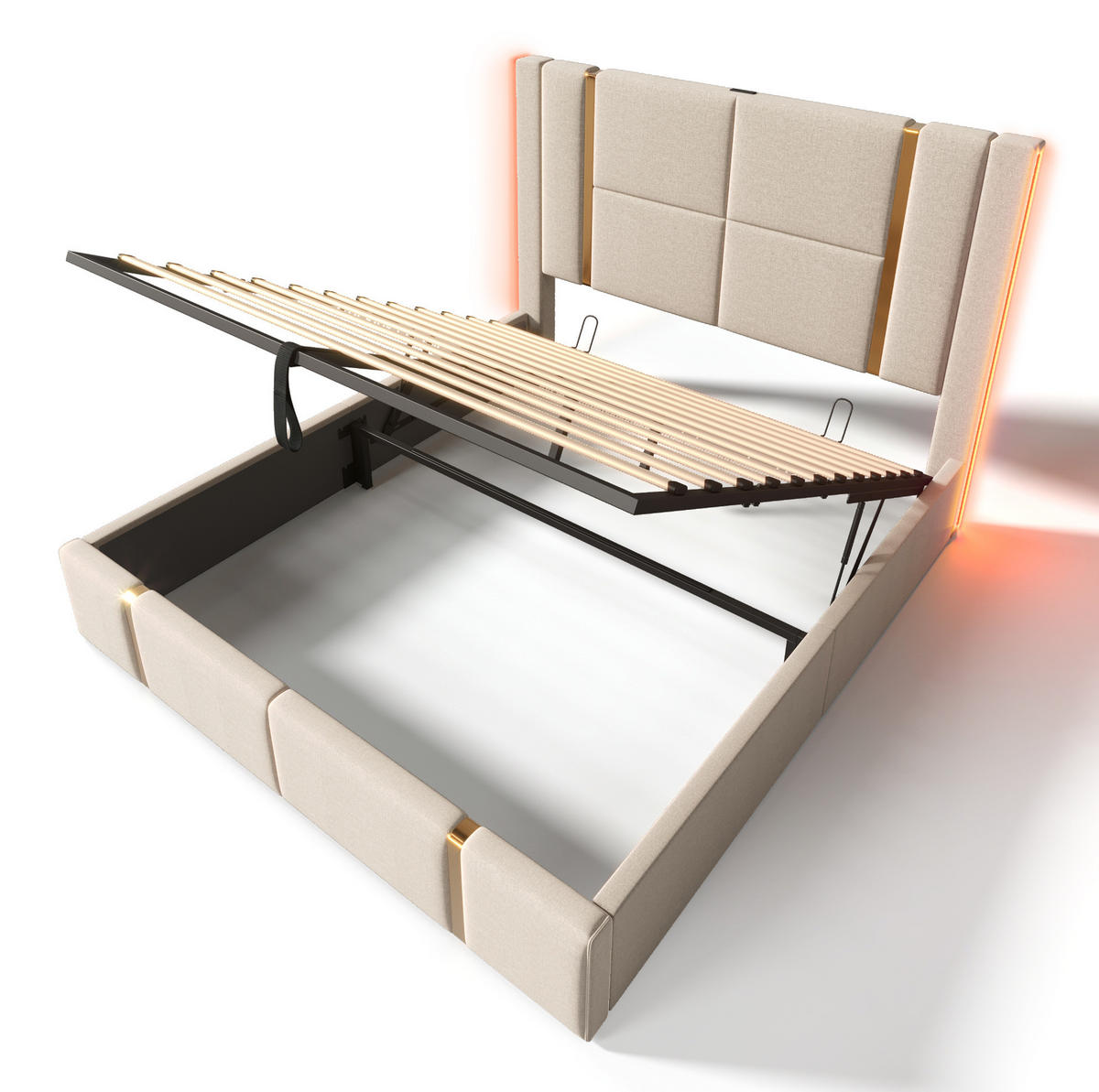 POLSTERBETT 160/200 cm mit Bettkasten, LED-Beleuchtung und USB-C in Beige - Beige, Textil (160/200cm) - BEAOK