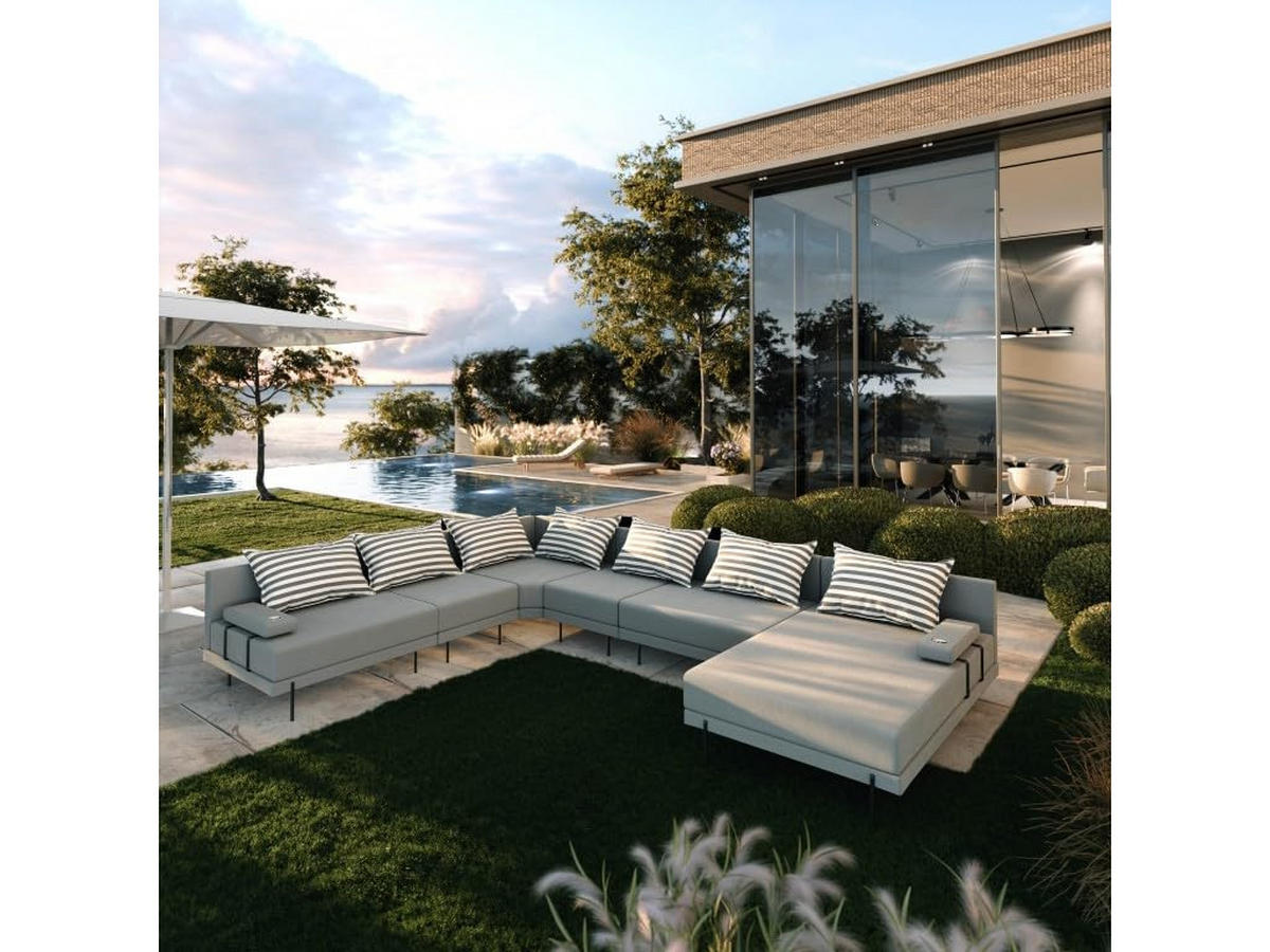 GARTENSOFA BAHAMA XXL Links - Wetterfeste Balkonmöbel & Terrassenmöbel Außen - Moderne Lounge Möbel für Garten - Balkon & Terrasse - Grau gestreift - Grau, Kunststoff (410/75/298cm) - Trada