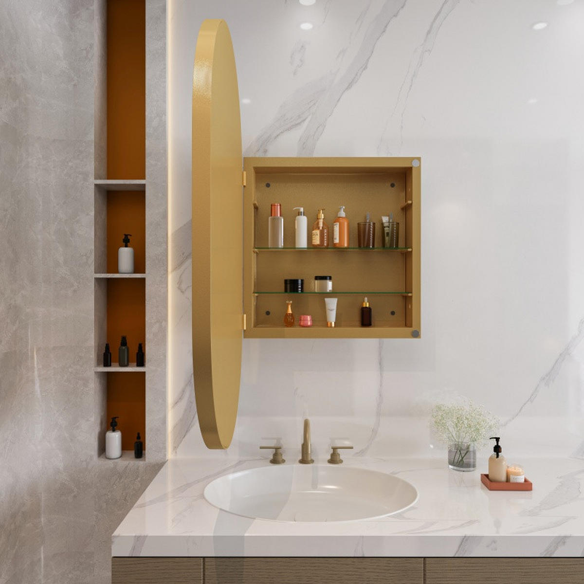 SPIEGELSCHRANK Bad Gold mit Metallrahmen und Wandmontage - Goldfarben, Glas/Holz (51/85/10cm) - PARAFTA HOME