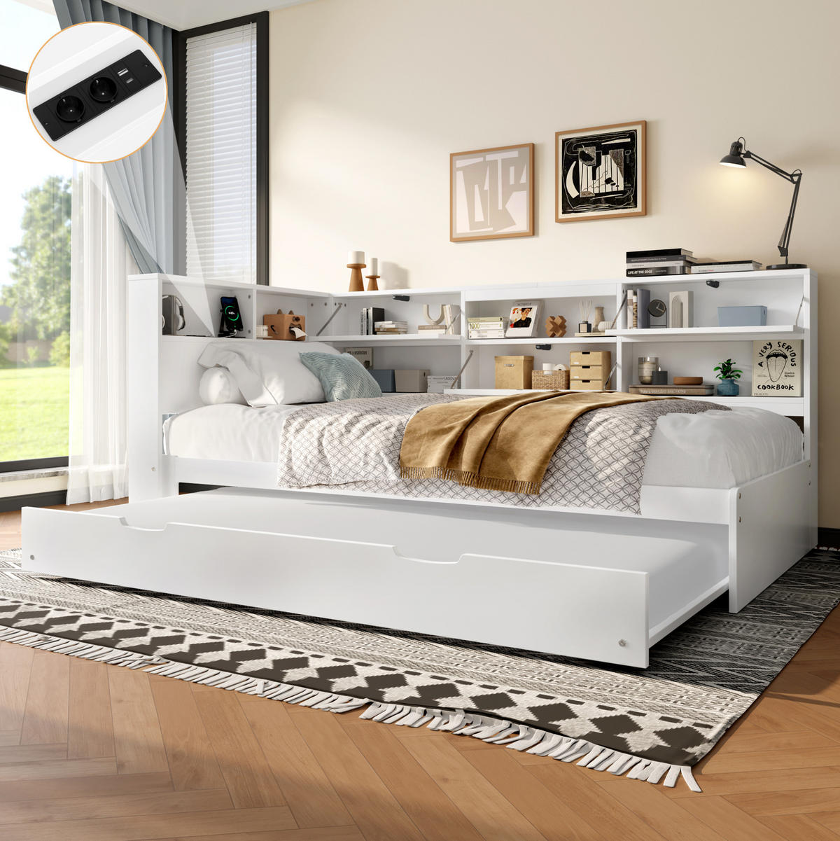 POLSTERBETT 90/200 cm Weiß aus Kiefernholz mit Ausziehbett - Weiß, Holz (90/200cm) - OKMYHOME