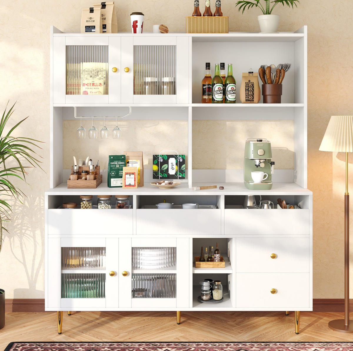 SIDEBOARD 145/39/171 cm Weiß aus MDF mit Changhong-Glas und Weinregal - Weiß, Holzwerkstoff (39/171/145cm) - OKWISH