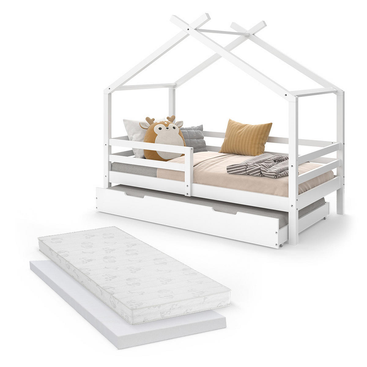 HAUSBETT Luni Weiß 160 x 80 cm mit ausziehbarem Gästebett und Matratzen - Weiß, Holz - VitaliSpa