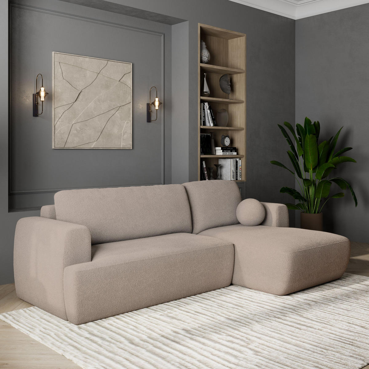 ECKSOFA SENTI N R-S Beige Boucle-Stoff mit Schlaffunktion - Beige, Holz (246/148cm) - MASSENO