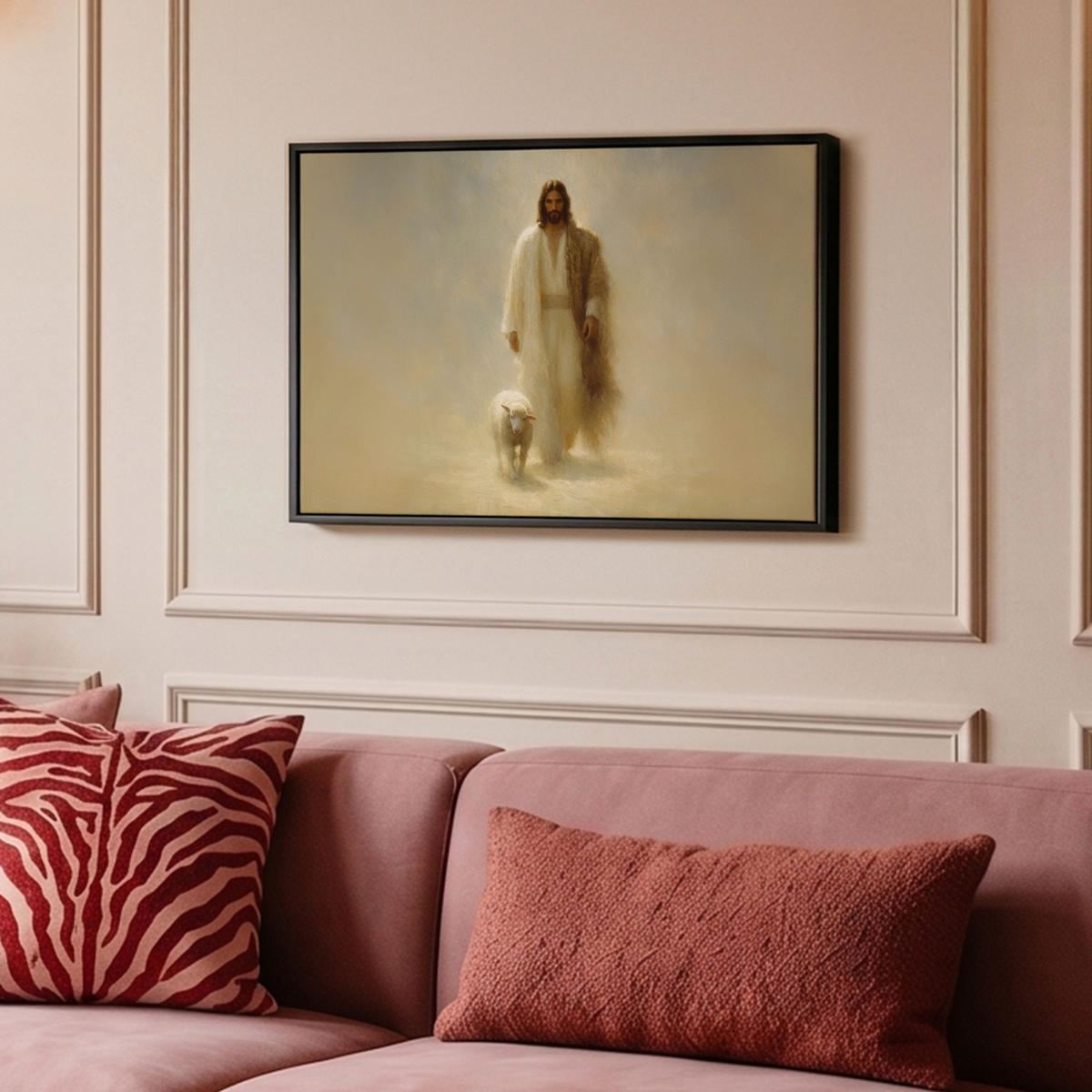 LEINWAND Bilder mit Rahmen - Schaf - Jesus - Pinselstriche - Abstrakt - 60x40 - Beige, Textil (60/40cm) - MuchoWow