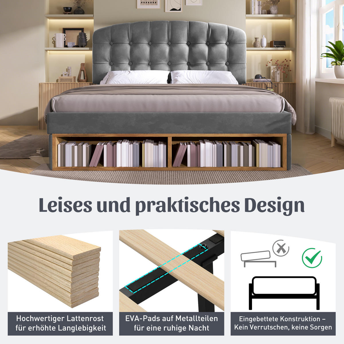 POLSTERBETT 140/190 cm in Grau Samt mit Schubladen, Stauraum und verstellbarem Kopfteil - Grau, Holzwerkstoff/Textil (140/190cm) - STILVORA