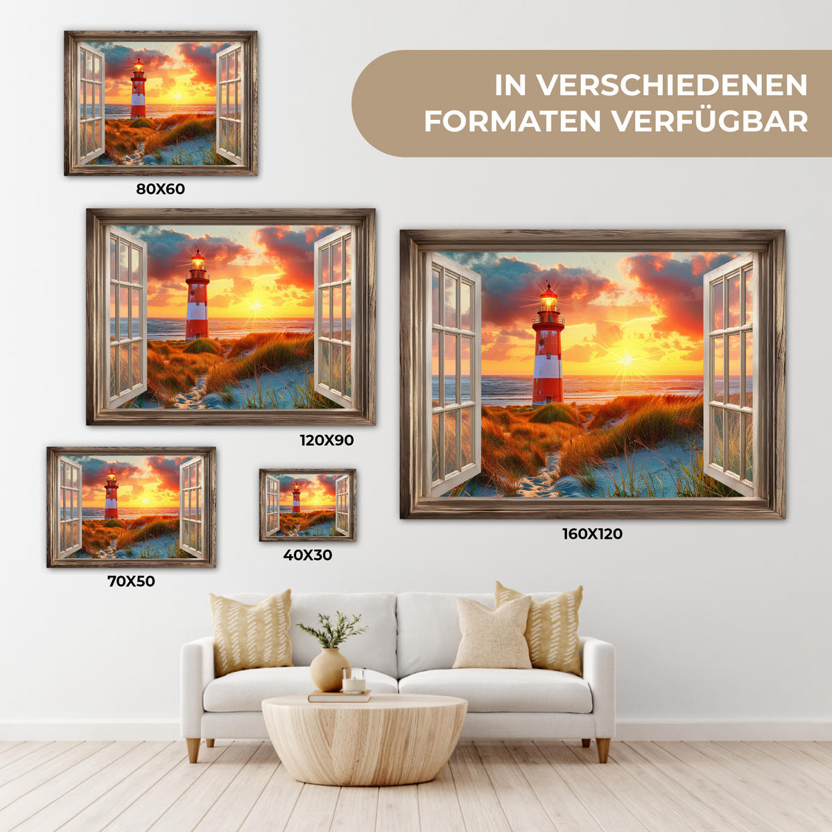 LEINWANDBILD Aussicht - Fenster - Leuchtturm - Sonnenuntergang - Strand Wandbilder 80x60 cm - Dunkelorange, Textil (80/60cm) - MuchoWow