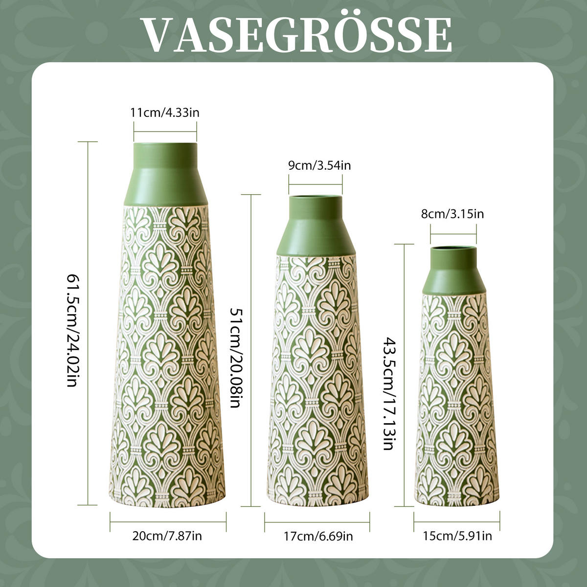 BODENVASE 3-tlg 61,5/51/43,5cm-Grüne Retro Metall Bodenvase für Trockenblumen Pampasgras - Grün, Metall (66.15cm) - Raelunyi