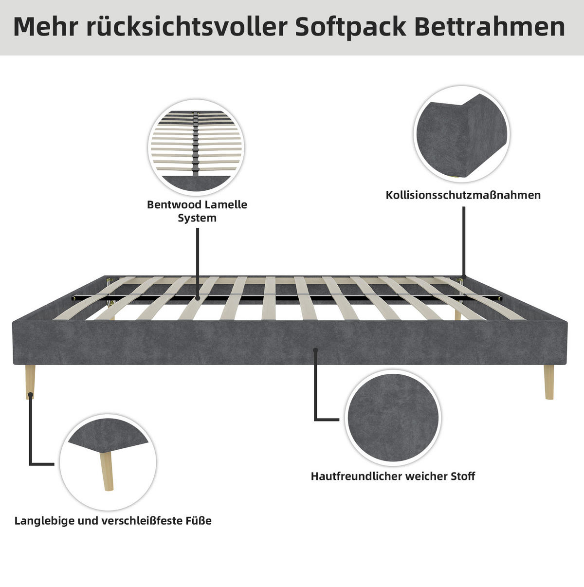 BETTGESTELL 160/200 cm grau aus Stoff und Metall mit Samtbezug - Grau, Textil (160/200cm) - OKWISH