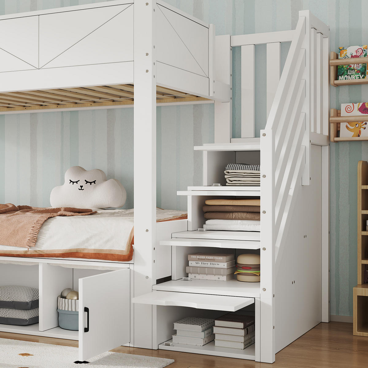 ETAGENBETT 90/200 cm in Weiß mit Stauraumtreppe, Schrankfächern, Ablage und Paneel-Design aus Massivholz und MDF - Weiß, Holzwerkstoff (90/200cm) - STILVORA