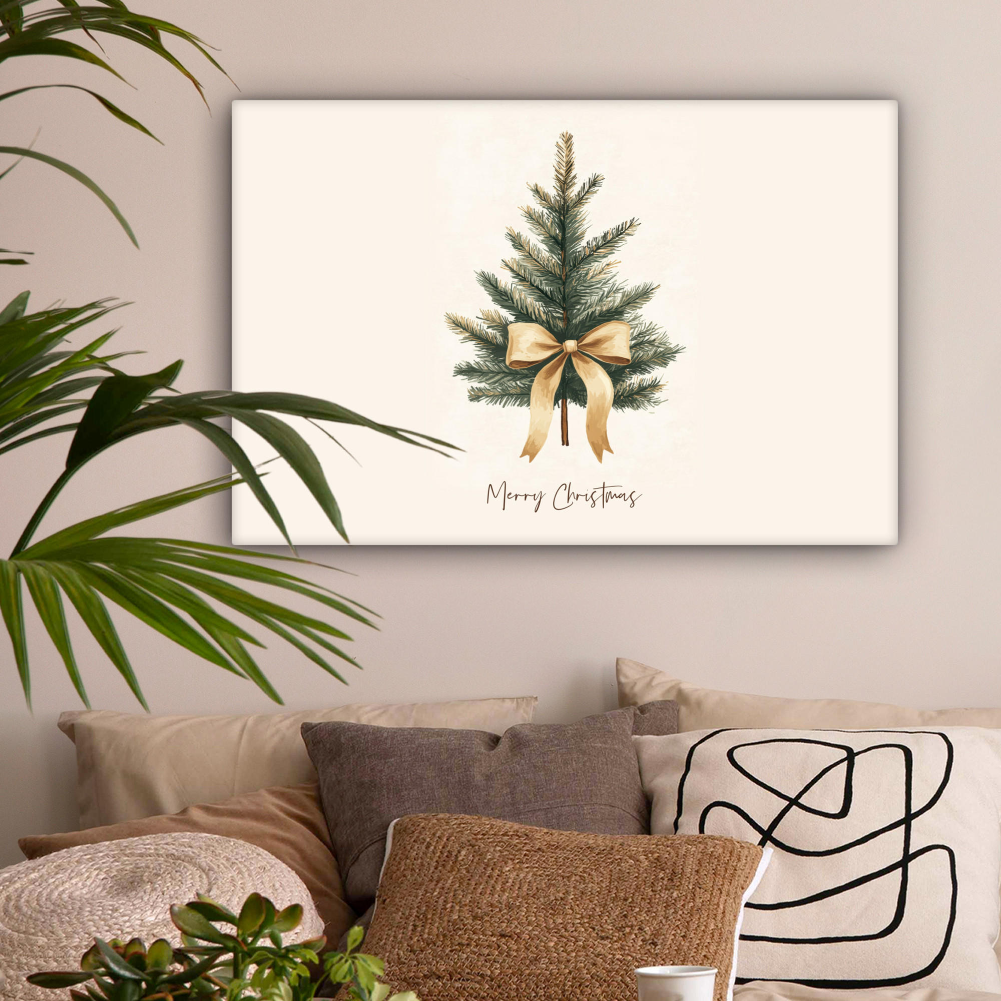 LEINWANDBILD Weihnachtsbaum - Weihnachten - Frohe Weihnachten - Beige Wanddeko 90x60 cm - Sandfarben, Textil (90/60cm) - MuchoWow