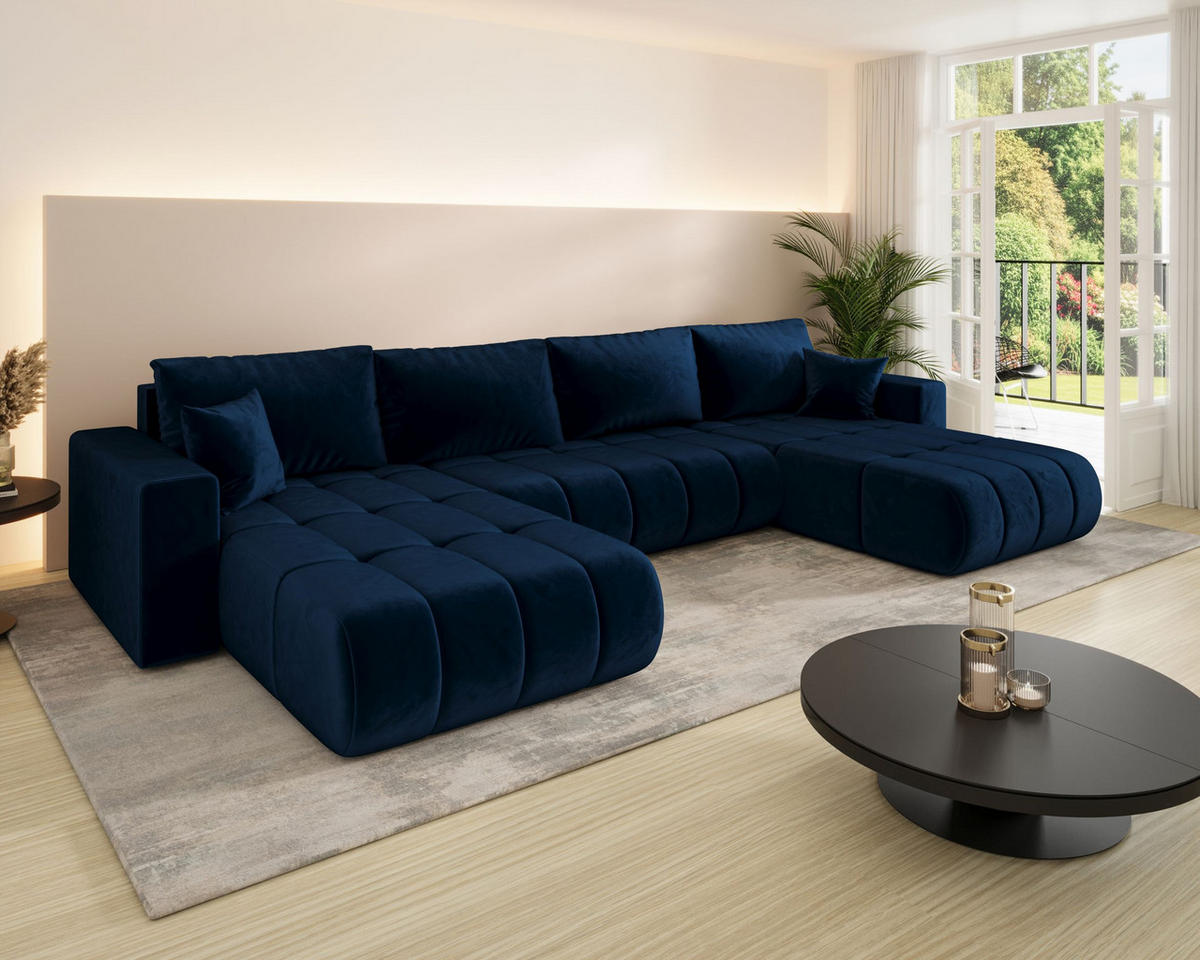 ECKSOFA LARA PREMIUM U-Form dunkelblau Velours Monolith 77 - Schlaffunktion, Bettkasten - Dunkelblau, Textil (385/175cm) - Cornero