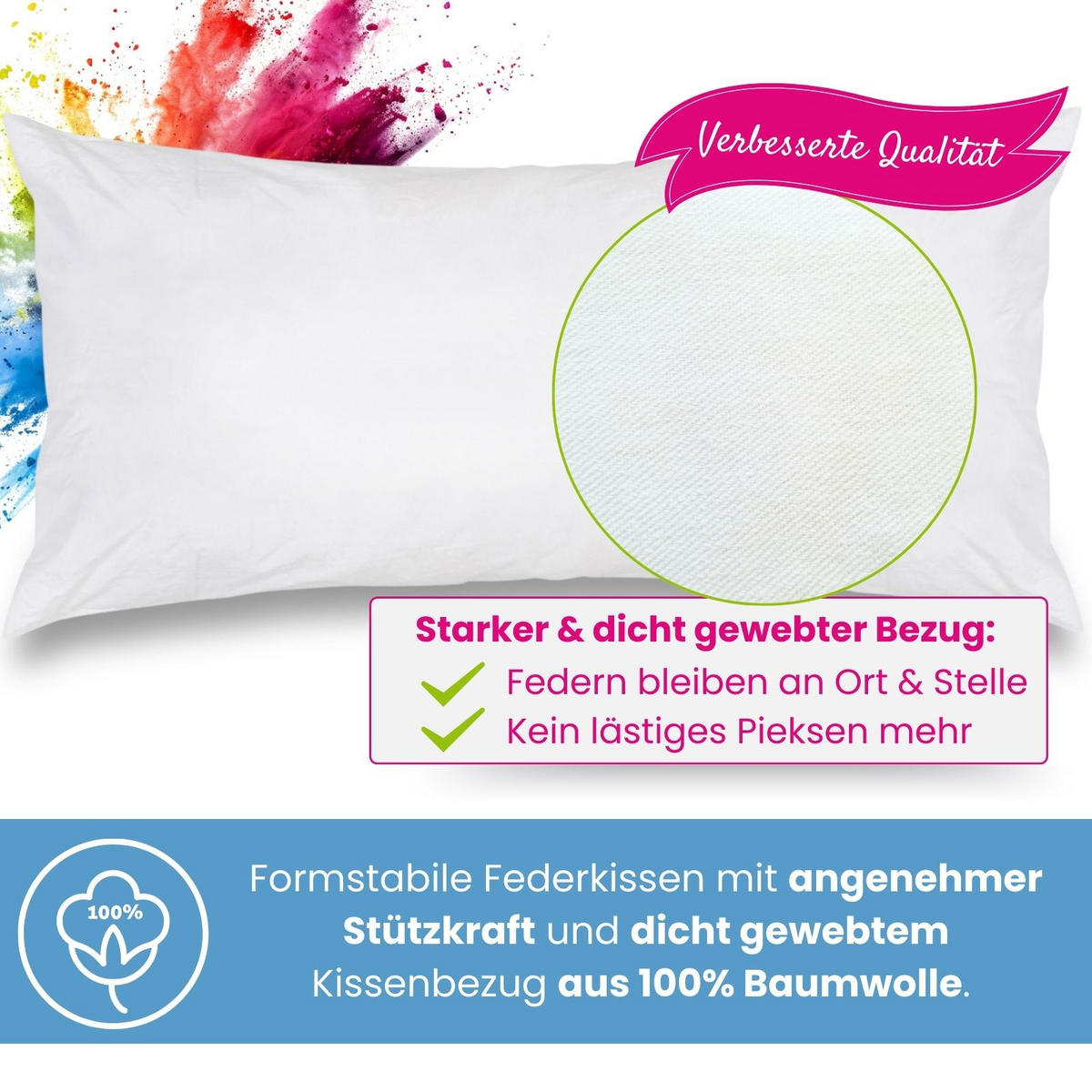 KOPFKISSEN 2er Set 100% Federn 40/80 cm Bezug aus 100% Baumwolle - Weiß, Textil (80/40cm) - wometo