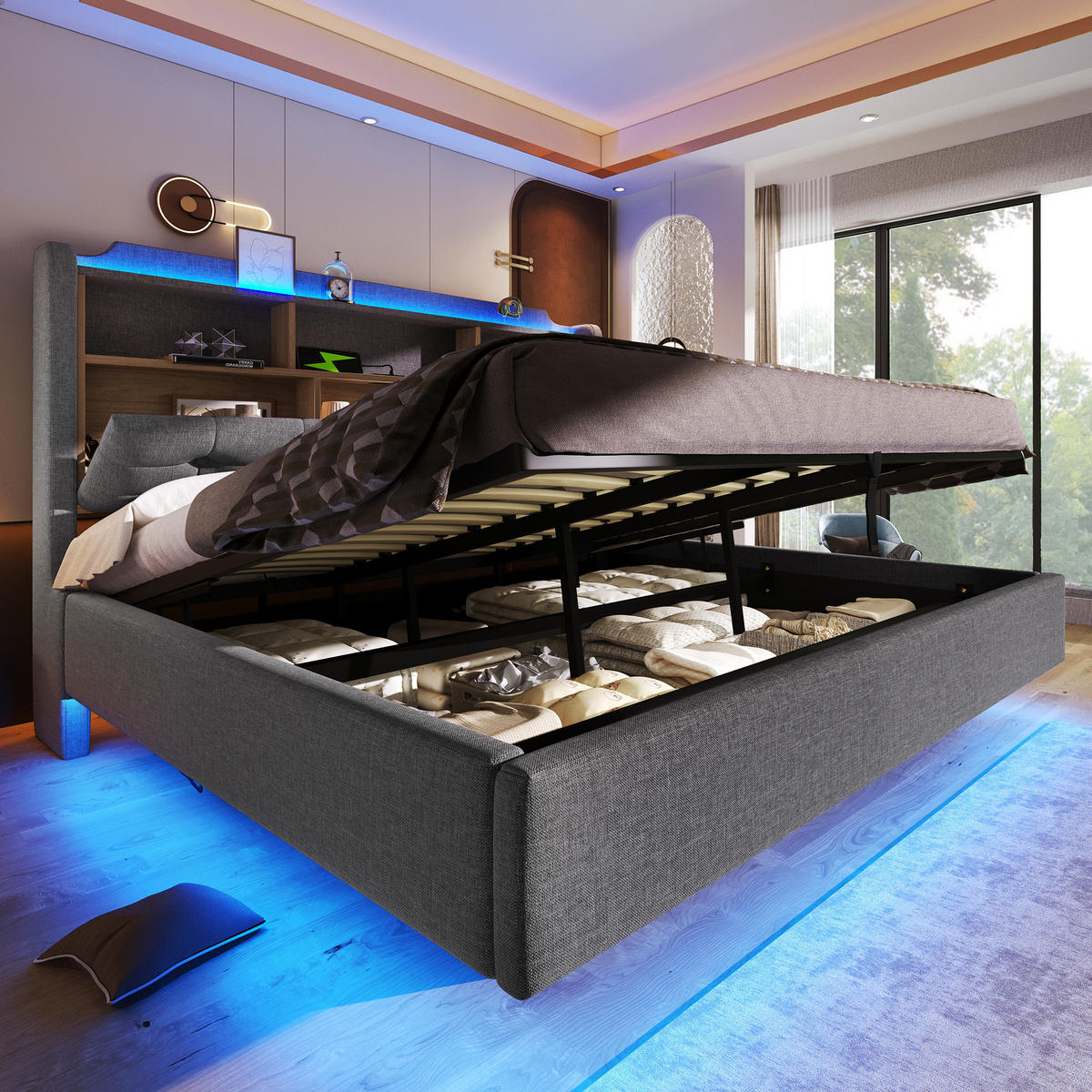 POLSTERBETT 180/200 cm in Grau mit Stauraum, LED, USB- und Type-C-Anschlüssen, Leinenbezug und schwebendem Design - Grau, Holzwerkstoff/Textil (180/200cm) - STILVORA