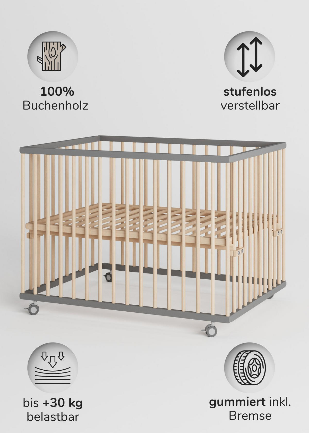 LAUFGITTER 75x100 cm mit Matratze SleepPlus, Lattenrost & Schlupfsprossen - grau/natur - Premium Kollektion - Naturfarben/Grau, Holz (100/74/75cm) - Sämann – make a difference.