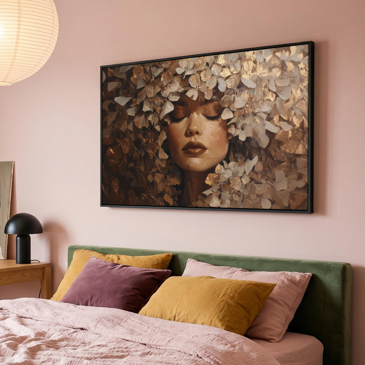 LEINWAND Bilder mit Rahmen - Gesicht - Dame - Blätter - Pinselstriche - 150x100 - Goldfarben, Textil (150/100cm) - MuchoWow