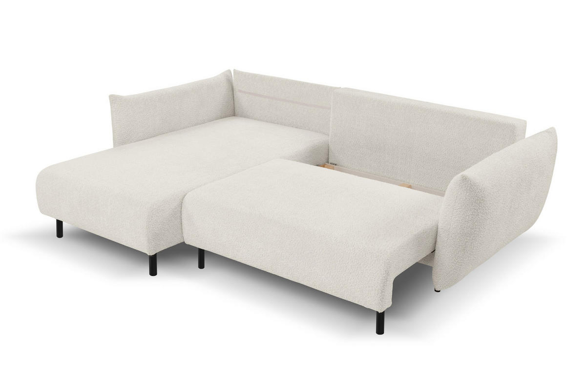 ECKSOFA UNO Creme Plüsch-Stoff mit Schlaffunktion - Creme, Holz (257/171cm) - MASSENO