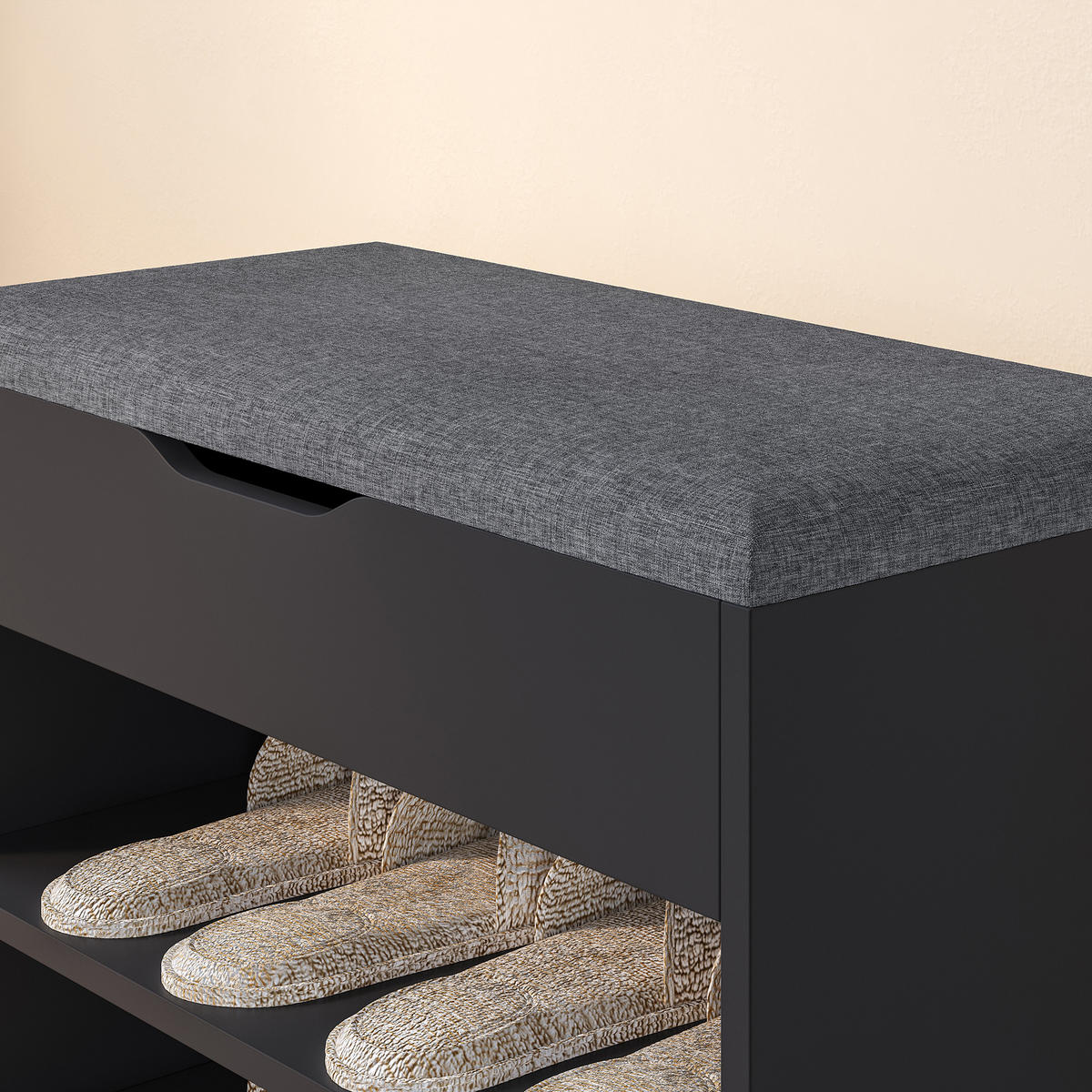 SCHUHBANK Gentofte - Schwarz, Holzwerkstoff/Textil (60/46/30cm) - [en.casa]