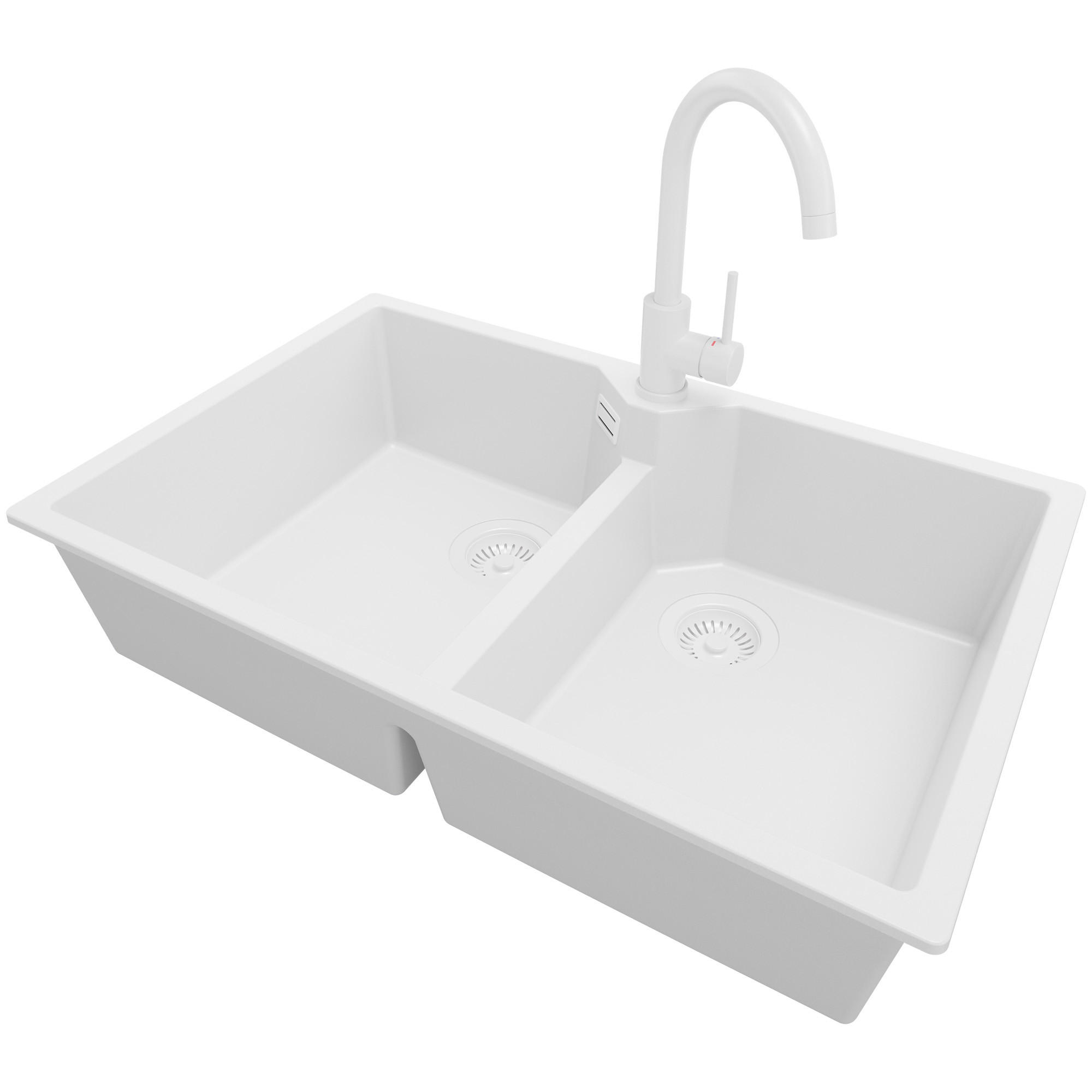 GRANITSPÜLE Madrid Twin, 2-er set Alles Weiß 78/50 cm 2 Becken + Küchenarmatur 32/20 cm + Ablauf-Set ab 80er Unterschrank - Weiß, Kunststoff (78/19/50cm) - Primagran