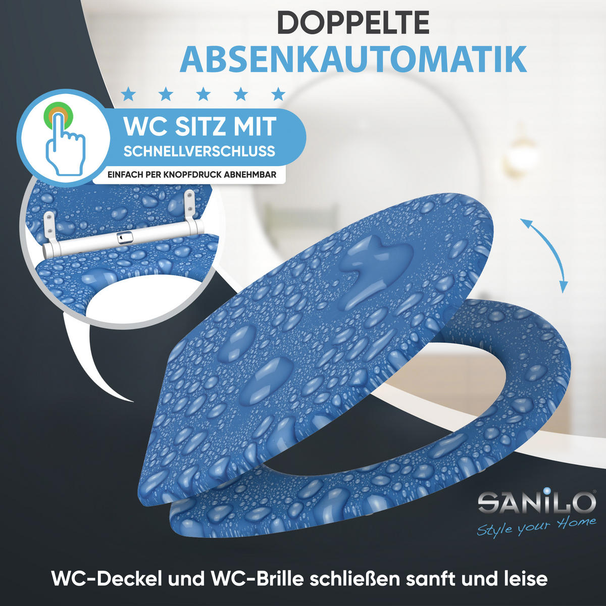WC-SITZ mit Absenkautomatik & Top Fix Tautropfen Blau - Blau, Holzwerkstoff (37.7/5.5/48cm) - Sanilo