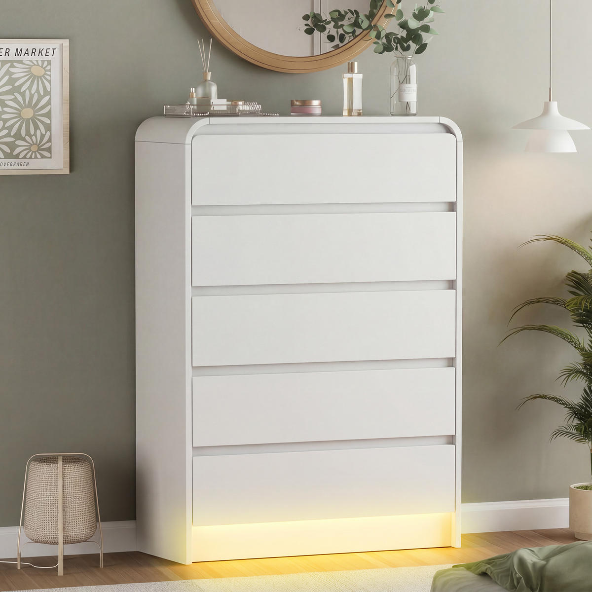 KOMMODE 5 Schubladen mit LED-Beleuchtung, Weiß,73x40x110 cm - Weiß, Holz (40/110/73cm) - PARAFTA HOME