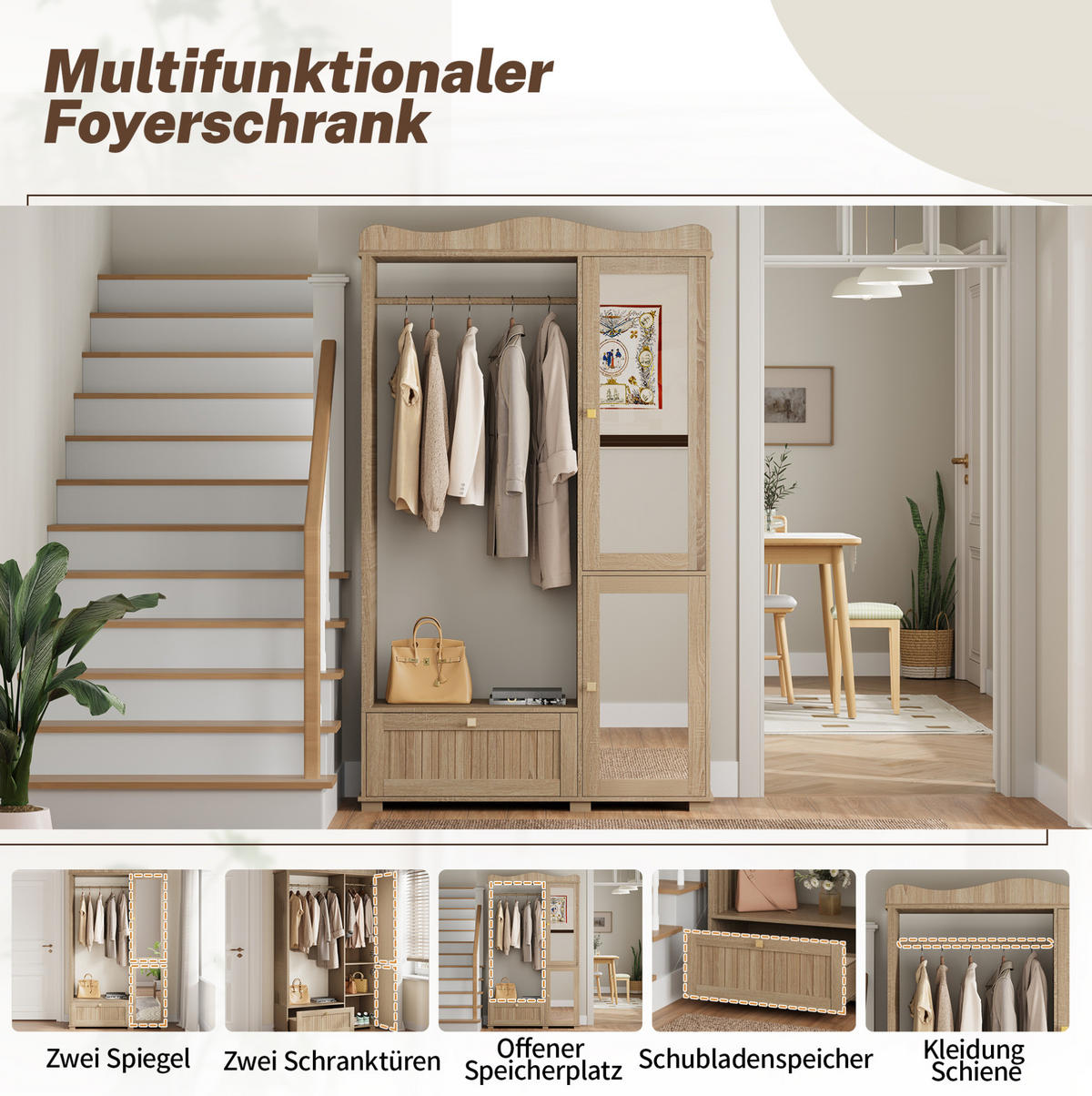 ŠATNÍ skříň 115,5/38,5/194,5 cm dubová z MDF s otevřeným věšákem a zrcadlem - barva dubu, kompozitní dřevo (115.5/194.5/38.5cm) - OKWISH