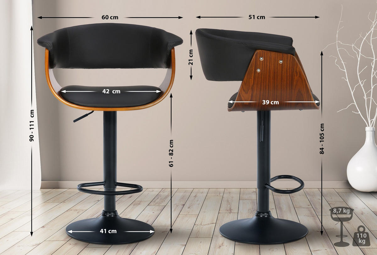 BARHOCKER Vestal 90-111x60x51 cm Walnuss-Schwarz - Nussbaumfarben, Metall (60/90/51cm) - furnicato