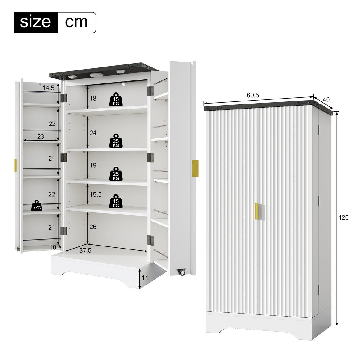 KÜCHENSCHRANK in Weiß Küchenbuffet mit LED-Sensorlicht und Gewürzregal für Küchen und Esszimmer, B60.5/T40/H120 cm - Weiß, Holzwerkstoff (60.5/120/40cm) - STILVORA