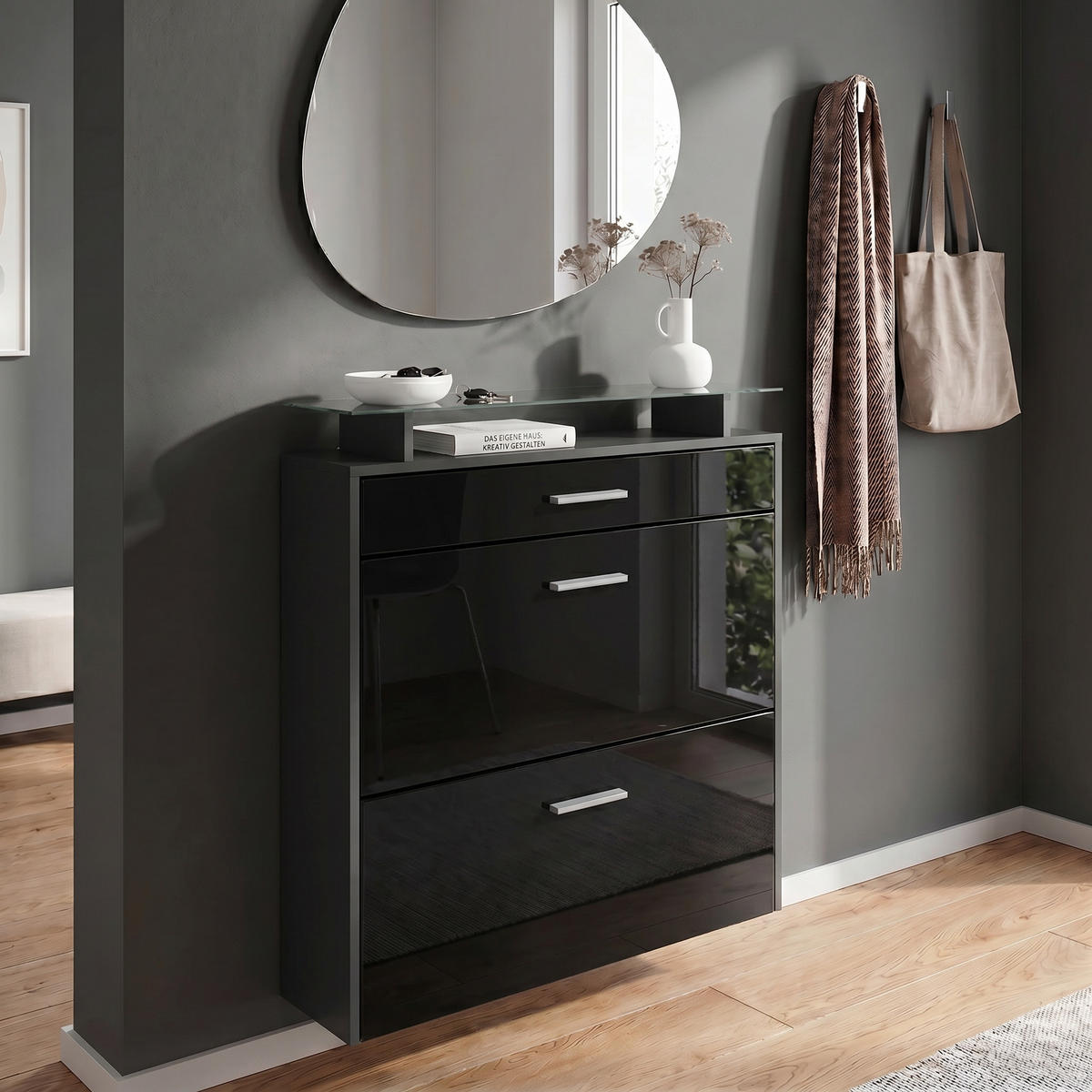 SCHUHSCHRANK Malea Fronten in Schwarz Hochglanz - Schwarz Hochglanz, Holzwerkstoff (89/96/23cm) - Vladon