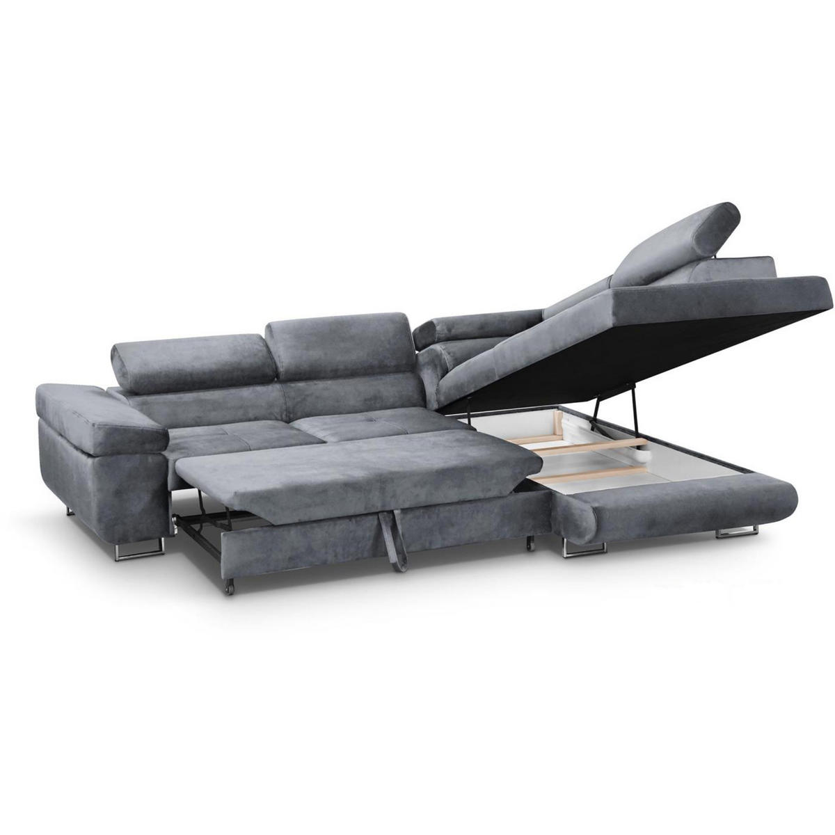 ECKSCHLAFSOFA Vild verstellbaren Kopfstützen, Hellgrau, rechts - Chromfarben/Hellgrau, Textil (275/203cm) - Beautysofa