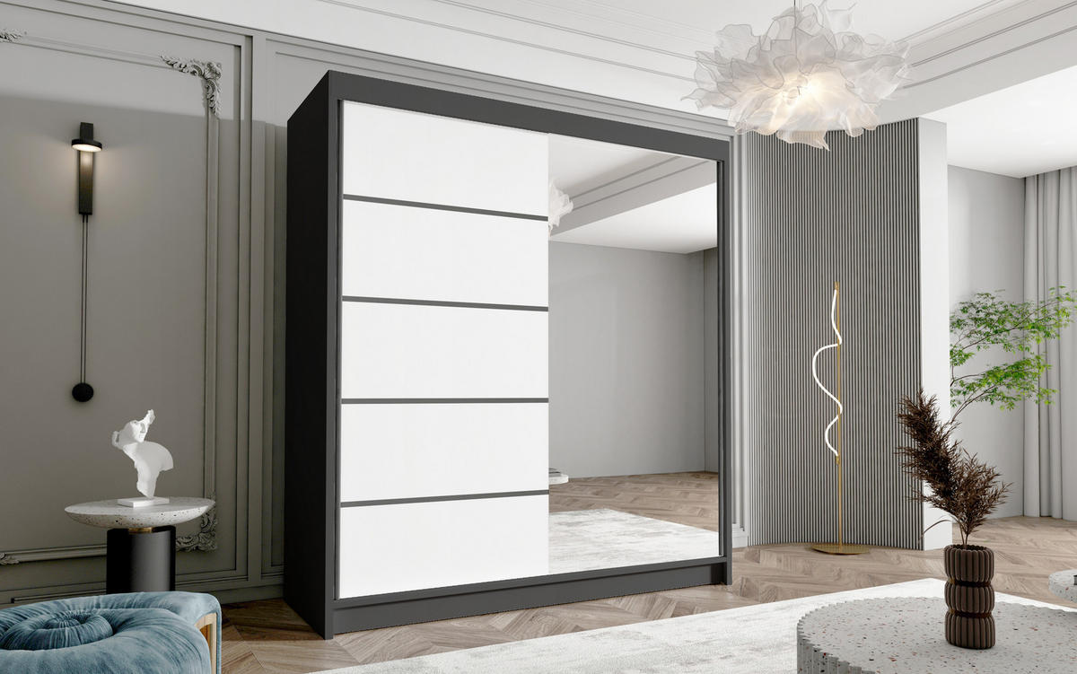 SCHWEBETÜRENSCHRANK Harry III - 180 cm - Schwarz/Weiß, Holzwerkstoff/Metall (180/215/58cm) - Sofnet