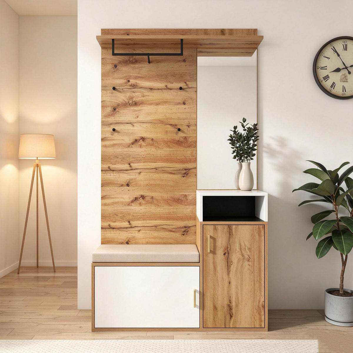 GARDEROBEN-SET mit 4 Kleiderhaken, Spiegel, Schuhschrank, Flurbank - Multicolor, Holz (40/190.5/105cm) - Meubles Cosy