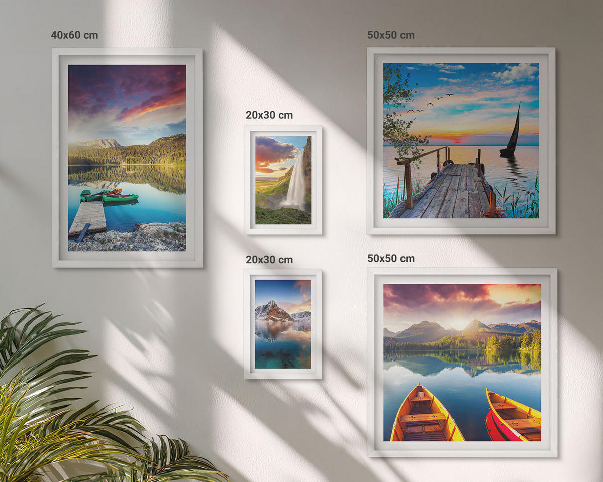 BILDER SET 5er Set - 50x50 cm & 20x30 cm & 40x60 cm Weißer Rahmen - Seen- und Berglandschaft Łódź - Weiß, Kunststoff (40/60cm) - TULUP