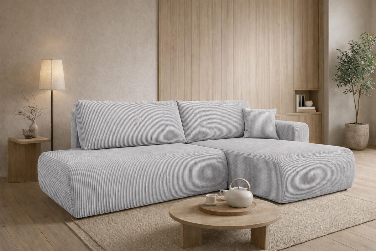 ECKSOFA Mit Schlaffunktion Und Bettkasten, Cordstoff Poso, Hellgrau, Rechts, OPEN XL - Hellgrau, Holz (262/145cm) - Kaiser Möbel