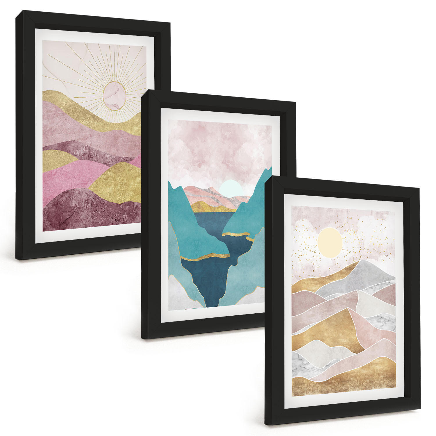 BILDER SET 3er Set - 20x30 cm Schwarzer Rahmen - Abstrakte Berge Sonne - Schwarz, Kunststoff (20/30cm) - TULUP