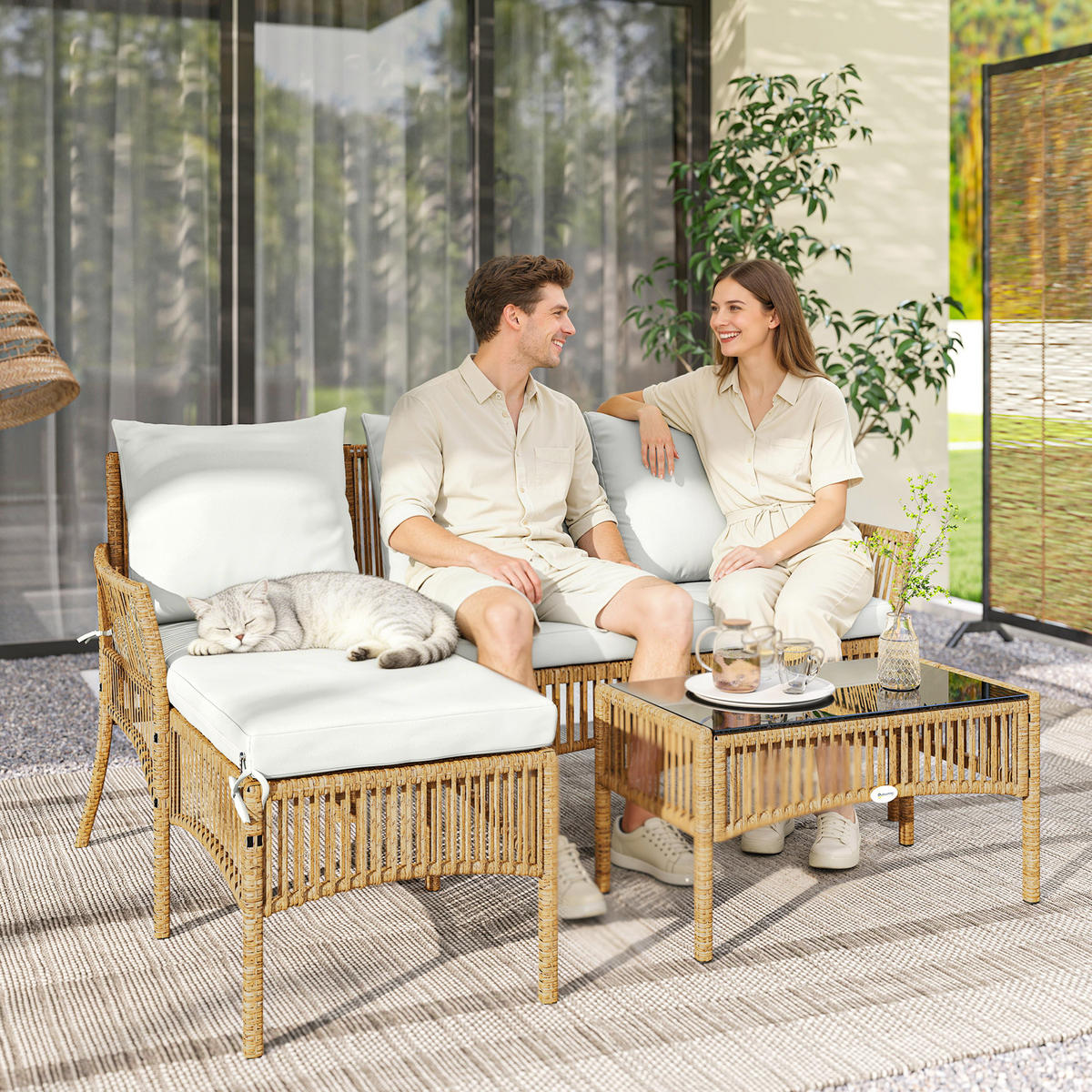 GARTENLOUNGE-SET 3tlg DE-13701 mit Liege & Tisch Creme - Creme, Metall - ComfortXL